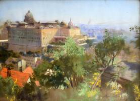 Márton Lajos (1891-1953): Budai panoráma a várral, 1924. Pasztell, papír, jelezve jobbra lent. Üvegezett, sérült fakeretben. 30x40 cm