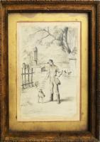 Jelzés nélkül, XIX. sz. vége/XX. sz. eleje: Kislány az udvarban. Ceruza, papír. Üvegezett, antik fakeretben. 23,5x16 cm