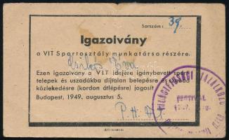 1949 VIT igazolvány (belépő), névre szóló