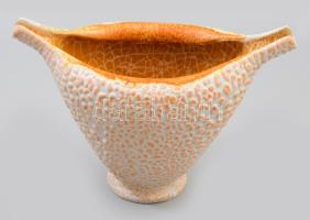 Gorka Géza (1894-1971): Ugrasztott mázas modern váza. 1960 körül. Korongozott és kézzel formált mázas kerámia, jelzett: GNV háromszöggel, alatta Gorka. Apró mázhiánnyal, 28x18 cm.