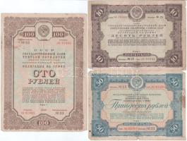 Szovjetunió 1937. "Állami Belföldi Hitel" (a védelem megerősítésére) 10R-ről + 1939. "Harmadik ötéves terv" állami kölcsön részvénye 50R-ről "11. sorozat" + 1940. "Harmadik ötéves terv" állami kölcsön részvénye 100R-ről "3. sorozat" T:F,VG Soviet Union 1937. "State Loan Bond" (to strengthen the defence) from 10 Roubles + 1939. "Third Five-Year Plan" state loan share from 50 Roubles "11th series" + 1940. "Third Five-Year Plan" state loan share from 100 Roubles "3rd series" C:F,VG