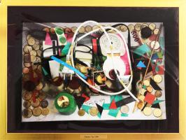 Tommy Vig (1938-): Az idő pénz (cím nélkül). Vegyes technika, kollázs, applikációk, karton, jelzett. Üvegezett dobozban. 38x50x15 cm. CSAK SZEMÉLYES ÁTVÉTEL! / ONLY PERSONAL COLLECTION AT OUR OFFICE!