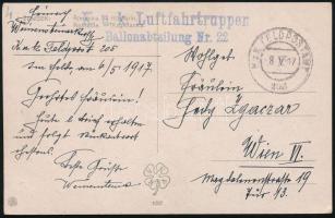 1917 Tábori posta képeslap "K.u.K. Luftfahrtruppen / Ballonabteilung Nr. 22"