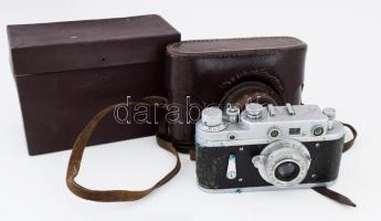 Zorkij-2C fényképezőgép, Indusztár 50 f: 1:3,5 objektívvel, bőr tokkal, kereső prizmát állítani kell, eredeti dobozában