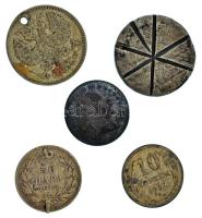 5db-os vegyes kis ezüst tétel, kifejezetten rossz tartásban, benne 1870. 10kr Ag "Ferenc József" + 1896KB 1K Ag "Millennium" lecsiszolt, vésett hátlap + Orosz Birodalom 1909. 20k Ag lyukasztott + 1927. 10k Ag ütődés + Szerbia 1915. 50p Ag foglalatnyom T:G 5pcs mixed lot of small silvers in bad condition, in it Hungary 1870. 10 Kreuzers Ag "Franz Joseph" + 1896KB 1 Korona Ag "Millennium" with polished reverse + Russian Empire 1909. 20 Kopecks Ag holed + 1927. 10 Kopecks Ag punched + Serbia 1915. 50p Ag frame mark C:G