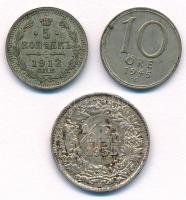 3db-os vegyes kisezüst tétel, benne: Orosz Birodalom 1912. 5k Ag + Svédország 1945. 10ö billon + Svájc 1952. 1/2Fr Ag T:VF, patina 3pcs mixed lot of small silvers, including: Russian Empire 1912. 5 Kopecks Ag + Sweden 1945. 10 Öre billon + Switzerland 1952. 1/2 Francs Ag C:VF, patina