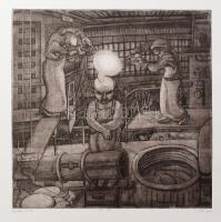 Szalay Miklós (1972-): Gondolómunkás, 2003. Acélmetszet, papír, jelzett, 5/5 számozással. 34x35 cm