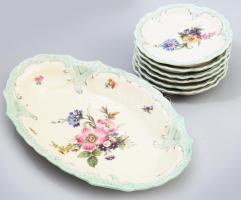 Oscar Schlegelmilch pralinékínáló szett, 6 tányérral, jelzett, kis kopással, 25x16 cm, d: 12 cm