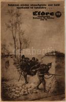 Sabácnak minden utcaszögletén ezer halál leselkedett hű bakáinkra... "Előre" képes hetilap reklámja / WWI Austro-Hungarian K.u.K. military art postcard, newspaper advertisement (EB)