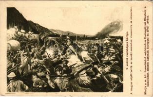 1916 5. számú csataképes kártya. A magyar népfölkelők az uzsoki szorosban visszaverik az oroszokat. Kiadja a M. kir. Honvédelmi Minisztérium Hadsegélyező Hivatala / WWI Austro-Hungarian K.u.K. military art postcard, Hungarian soldiers attack the Russian troops at Uzhok Pass s: Földes + "AJKACSINGER POSTAI ÜGYN." (EB)