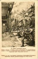 1915 10. számú csataképes kártya. Sabácz ostroma. Dacára a heves puskatűznek és bombavetésnek, melyet a szerbek az erődítményekké átalakított házakról intéztek, csapataink újból elfoglalják Sabácot. Kiadja a m. kir. honvédelmi minisztérium Hadsegélyező Hivatala / WWI Austro-Hungarian K.u.K. military, Battle of Sabac s: Basch Árpád (gyűrődések / creases)