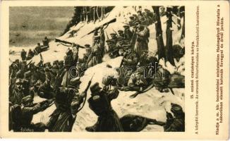 15. számú csataképes kártya. Kárpáti harcok. Az oroszok feltartóztatása az északkeleti harctéren. Kiadja a m. kir. honvédelmi minisztérium Hadsegélyező Hivatala. Horvát nyelvű verzió / WWI Austro-Hungarian K.u.K. military art postcard (Croatian edition) s: Földes (EK)