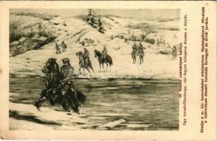 1918 24. számú csataképes kártya. Egy huszárfőhadnagy, aki fagyos hidegben átúszta a folyót. Kiadja a M. kir. Honvédelmi Minisztérium Hadsegélyező Hivatala / WWI Austro-Hungarian K.u.K. military art postcard, hussar crossing the river s: M. Basch Árpád (gyűrődések / creases)