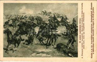 1917 28. számú csataképes kártya. A Przemysl körüli harcokból. Honvéd huszárok és orosz lovasság közti harc, mely egy ütegállást védelmezett. Kiadja a m. kir. Honvédelmi Minisztérium Hadsegélyező Hivatala / WWI Austro-Hungarian K.u.K. military soldiers, hussars defending a battery position against the Russian cavalrymen near Przemysl (EK)