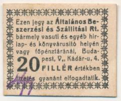 1919-1925 k. Budapest 20f "Általános Beszerzési és Szállítási Rt." hátlap üres, előlap aláírt T:AU falcos Adamo BUC-5.1.2