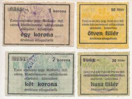 Miskolc ~1918-1919. 20f vízjeles papíron + 50f + 1K + 2K ,"Miskolcz thjf." utalvány-jegy, mind "MISKOLCZ" perforációval, bélyegzéssel T:XF,VF Adamo MIS-4.1 - MIS-4.4
