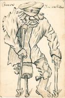 Orosz invalidus. Egyedi, kézzel rajzolt első világháborús katonai művészlap / Russian disabled soldier, hand-drawn WWI military art postcard (EK)
