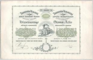 1907. Budapest "Temesvár-Varjasi Helyi Érdekű Vasut Részvény-Társaság" törzsrészvénye 200K-ról, magyar és német nyelven, szárazpecséttel T:AU / Hungary 1907. "Local Interest Railway Share Company of Temesvár-Varjas" share about 200 Kronen, in Hungarian and German, with embossed stamp C:AU