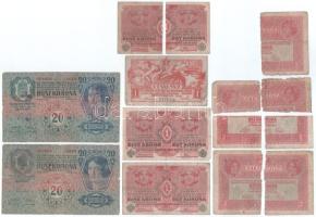 1913. 20K (2x, egyiken cirill betűs felülbélyegzés) + 1916. 1K (2x, egyiken felülbélyegzés) + 1919. 1K "Fegyver és Gépgyár" + 1916-1917. 1K és 2K bankjegyek két, illetve négyfelé vágva T:VG-Pr