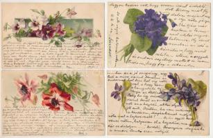 4 db RÉGI (1905 előtti) motívum képeslap: virágok, közte 2 Catharina Klein litho / 4 pre-1905 motive postcards: flowers, including 2 C. Klein lithos