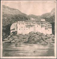 Ábrahám Rafael (1929-2014): Vízparti táj (Capricci?). Rézkarc, papír. Jelzett. Foltos, körbevágva. 29x28 cm