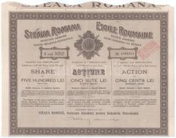 Románia / Bukarest 1926. "Steaua Romana" háromnyelvű részvény 500L-ről, szelvényekkel, felülbélyegzésekkel T:F Romania / Bucuharest 1926. "Steaua Romana" share about 500 Lei, with coupons and overprints C:F