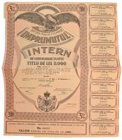 Románia 1935. "3%-kal kamatozó államadóssági kötvény" 2000L-ről szelvényekkel T:XF kis beszakadás Romania 1935. "3% Public Debt Bond" about 2000 Lei with coupons C:XF small tear