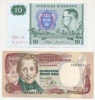 Vegyes 2db-os külföldi bankjegy tétel, benne: Svédország 1990. 10K + Kolumbia 1992. 500P T:F, egyik szép papír 2pcs mixed lot of foreign banknotes, including: Sweden 1990. 10 Kronor + Colombia 1992. 500 Pesos C:F, one of them fine paper Krause P#52, P#431A