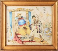 Olvashatatlan jelzéssel, feltehetően kínai művész, XX. sz. eleje: Jelenet. Akvarell, selyem. Üvegezett fakeretben, hátoldalán Schmelcz Emil budapesti képkeretező 1930 körüli raglapjával. 38x44,5 cm