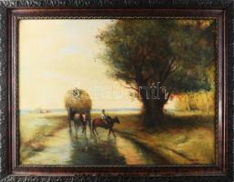 Olvashatatlan jelzéssel: Szénásszekér. Olaj, vászon, dekoratív fakeretben, 60×80 cm