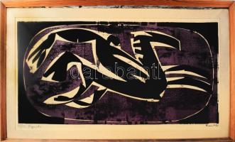 Kunt Ernő (1920-1994): Regruta, 1968. Színes linómetszet, papír, jelzett. Számozott (25/50). Üvegezett fakeretben, 38×80 cm