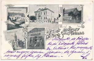 Dicsőszentmárton, Tarnaveni, Diciosanmartin; Pekri Sándor udvara, római katolikus paplak, Ősbudavár szálloda, római katolikus templom, Jeremiás Áron üzlete és saját kiadása / Roman Catholic church and vicarage, hotel, shops. Art Nouveau, floral (Rb)