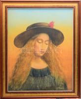 Ifj Tóth László (1957- ): Kalapos madonna, olaj, farost, jelzett, üvegezett fakeretben, hátoldalán Képcsarnok Vállalat címkéjével, 50×40 cm