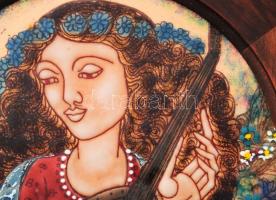 Kővágóné Zsóri Balogh Erzsébet (1955-): Leány mandolinnal. Tűzzománc, rézlemez, jelzés nélkül, hátol...