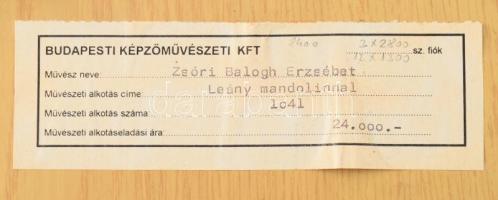 Kővágóné Zsóri Balogh Erzsébet (1955-): Leány mandolinnal. Tűzzománc, rézlemez, jelzés nélkül, hátol...