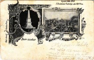 1901 Piski, Simeria; A piski csata (F. Breidwieser festménye után), Bem-szobor, emlékmű. Főző József kiadása / Hungarian Revolution of 1848, Battle of Simeria (1849), monument. Art Nouveau, floral (b)