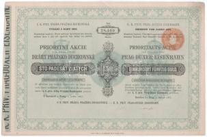 Osztrák-Magyar Monarchia / Csehország 1883. Prága-Smichov "Császári és Királyi Prága-Duhova Vasút" elsőbbségi részvénye 150G-ről szárazpecséttel T:XF Austro-Hungarian Monarchy / Bohemia 1883. Prag-Smichov "Imperial and Royal Prag-Duchova Railway" share about 150 Gulden, with embossed stamp C:XF