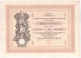 Makó 1929. "Makói Népbank Részvénytársaság" részvénye 50P-ről, szelvényekkel, szárazpecsét...