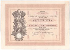 Makó 1929. "Makói Népbank Részvénytársaság" részvénye 50P-ről, szelvényekkel, szárazpecsét...