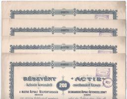 1920 Budapest 1920. "Magyar Asphalt Részvénytársaság" részvénye 200K-ról, magyar és német nyelven, szelvények nélkül, szárazpecséttel, felülbélyegzésekkel (4x), sorszámkövetők és egyugrású sorszámmal T:XF,F
