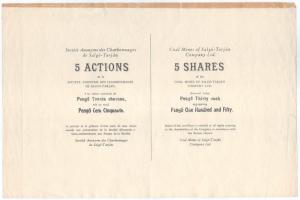 1930 k. Salgótarján DN "Salgó-Tarjáni Kőszénbánya Rt." 5 részvénye egyben, egyenként 30P-ről + 25 részvénye egyben, egyenként 30P-ről (4x), angol és francia nyelven T:VF,F Hungary / Salgótarján ND "Coal Mines of Salgó-Tarján Company Ltd." 5 shares in one, each about 30 Pengő + 25 shares in one, each about 30 Pengő (4x), in English and French C:VF,F
