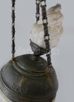 Antik nagypolgári lángbúrás csillár, lángbúrán sérüléssel, réz szerelékkel, kopással