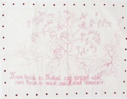 Kézzel hímzett konyhai falvédő, "Nem tudok én néked csak virágot adni, nem tudok én mást, csak rólad álmodozni" felirattal, 51x71 cm