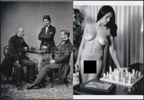 Sakkjáték 1880-ban és 1980-ban, az egyik felvétel szolidan erotikus, 2 db modern nagyítás, jelzés nélkül, 21x15 cm
