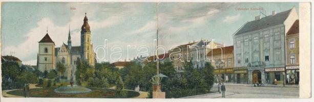 1912 Kassa, Kosice; Dóm, utca, Első Magyar Biztosító Társaság, Feldmann Ig. cipő raktára, Putankó Mihály és Mildner Ferenc üzlete / cathedral, street, insurance company, shops (leporellóból / from leporellocard) (b)