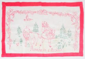 Kézzel hímzett gyermek falvédő, Piroska és a farkas mintával, 53x82 cm