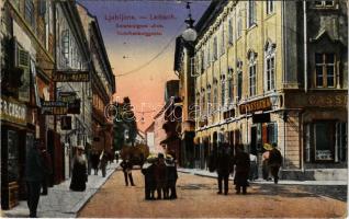 1922 Ljubljana, Laibach; Selenburgove ulice / Schellenburggasse / street view, shops of Jakob Traun, Cascio, P. Cassermann (worn corners)