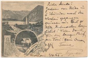 1896 (Vorläufer!!!) Sveti Janez, Sankt Johann am Wocheinersee (Bohinj); Hotel St. Johann am Wocheiner See / hotel, church. Art Nouveau, floral (EK)