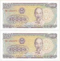 Vietnam 1988. 1000D (2x) sorszámkövetők "ZB 1566970 - ZB 1566971" T:UNC,AU  Vietnam 1988. 1000 Dong (2x) consecutive serials "ZB 1566970 - ZB 1566971" C:UNC,AU Krause 106.a