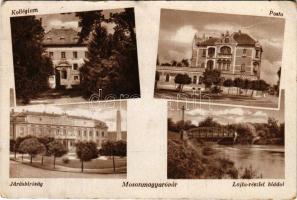 Magyaróvár, Mosonmagyaróvár; Kollégium, Posta, Járásbíróság, Lajta részlet a híddal. Özv. Horváth Richárdné kiadása (gyűrődések / creases)